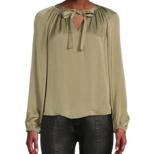 Gibson Latimer Green Moonshadow Satin Tie Neck Long Peasant Sleeve Blouse Large